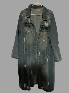 Long Distressed Denim Trench Jacket - Faded Blue New!  XL